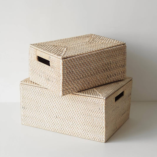 Handmade White Woven Rattan Rectangular Storage Box - A Pair Wicker Box with Lid