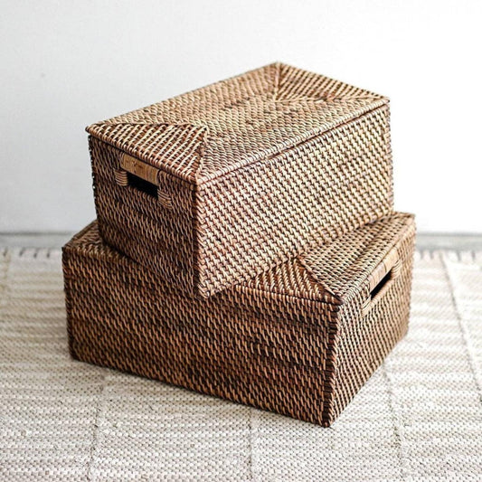 A Pair of Dark Brown Woven Rattan Storage Boxes with Lids - Stylish Organizers in a Rectangle Shape