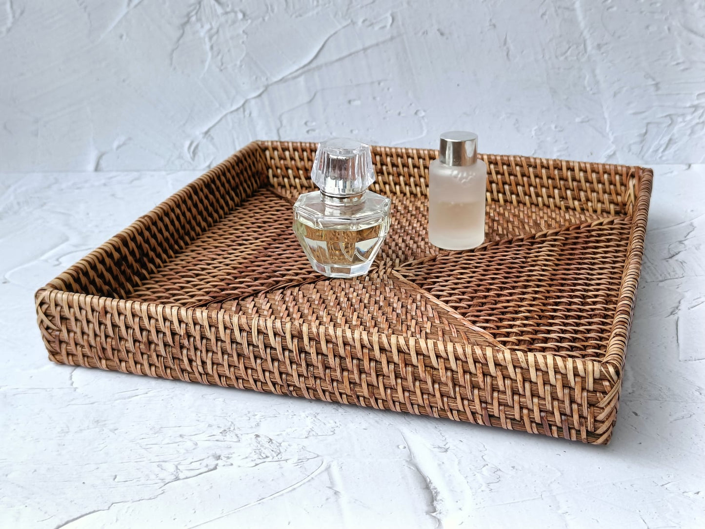 Vintage Style Dark Brown Rattan Square Tray - 12x12 inches