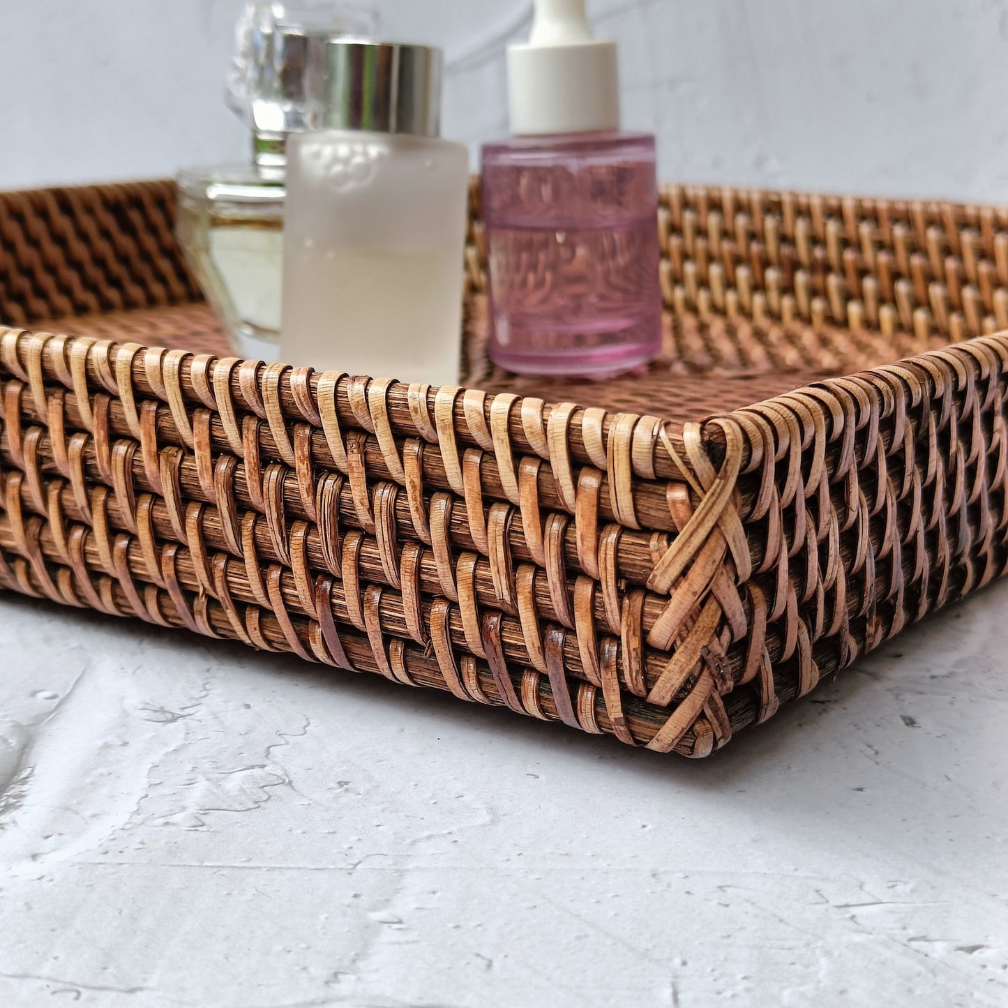 Vintage Style Dark Brown Rattan Square Tray - 12x12 inches