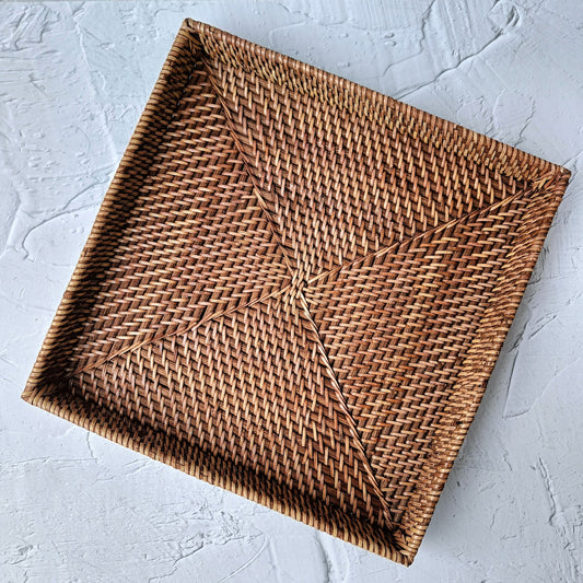 Vintage Style Dark Brown Rattan Square Tray - 12x12 inches