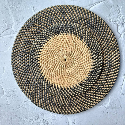 Two Tones Black and Natural Round Rattan Placemats - 3 Sizes