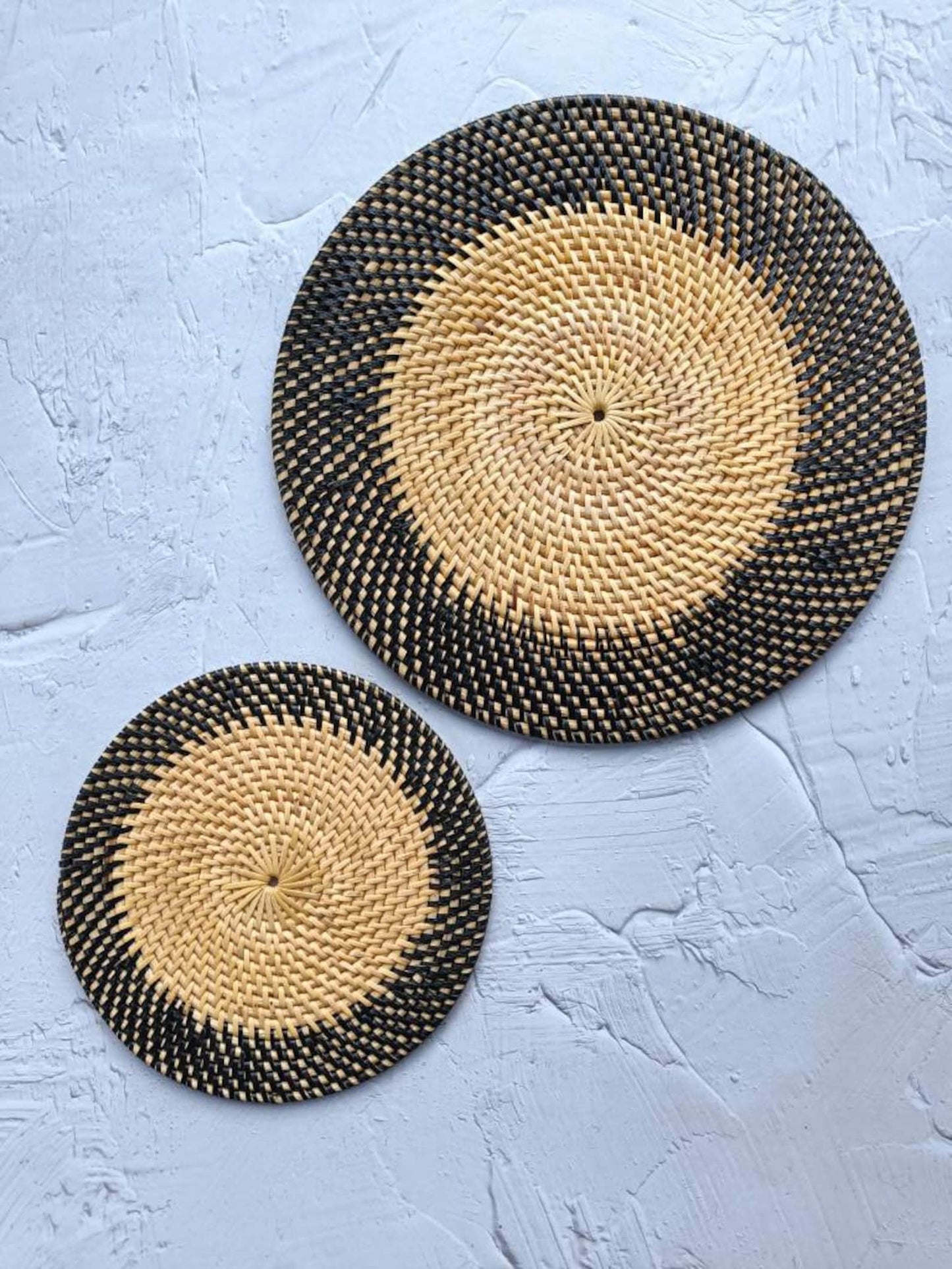 Two Tones Black and Natural Round Rattan Placemats - 3 Sizes