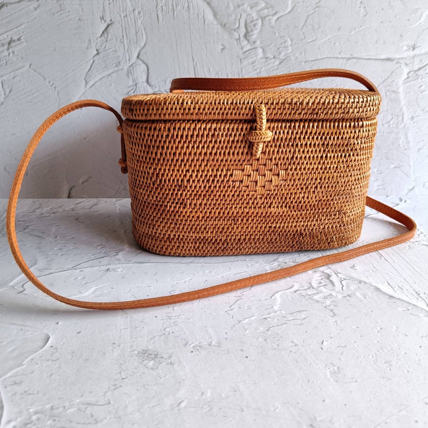 Handmade Bali Brown Woven Oval Ata Crossbody Bag With Leather Strap