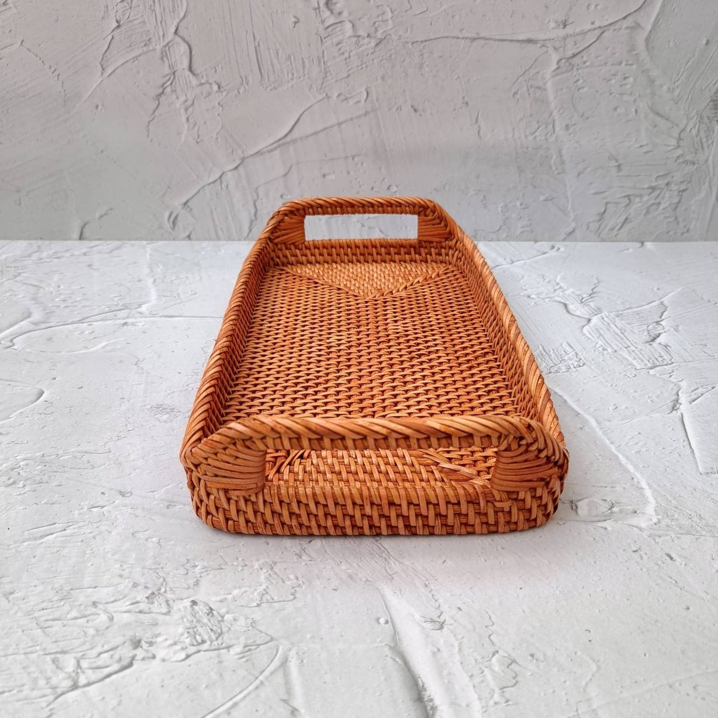 Vintage-Style Brown Rectangular Rattan Tray With Handles