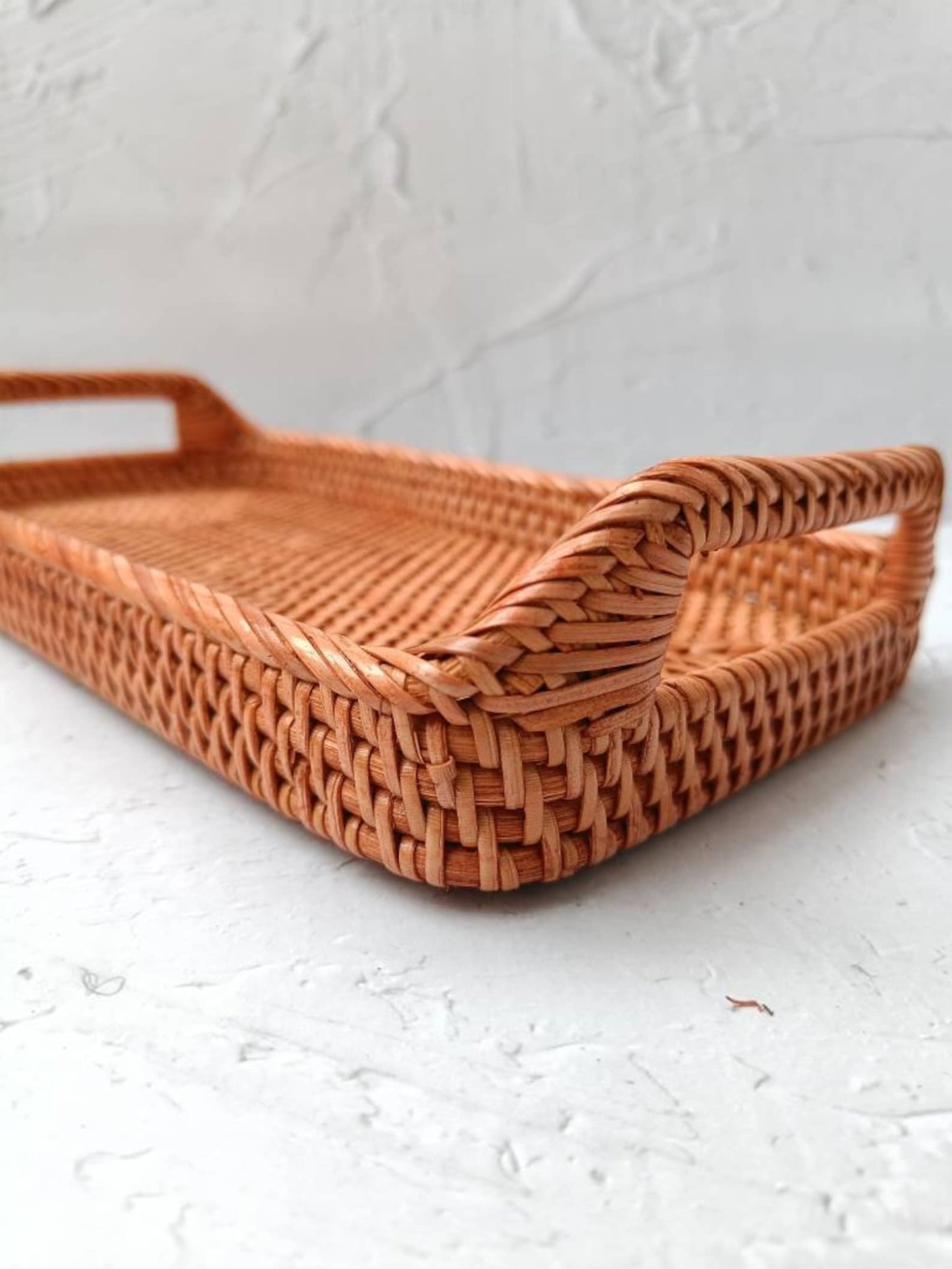 Vintage-Style Brown Rectangular Rattan Tray With Handles