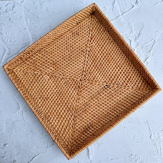 Boho Style Honey Brown Rattan Square Tray - 12x12 inches