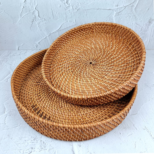 Handmade Handle Less Wicker Brown Round Rattan Tray Set