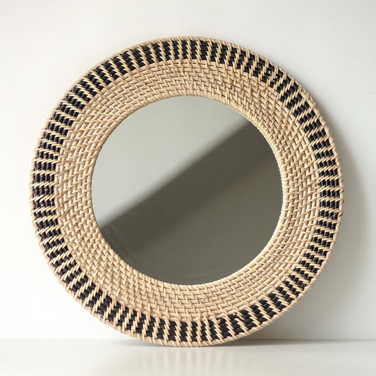 Dual Tone Round Rattan Mirror, Boho Natural Wall Decor