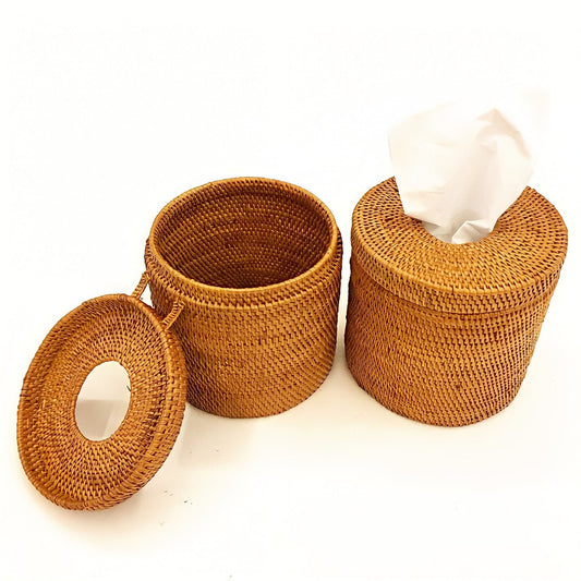 Vintage Wicker Rattan Round Tissue Box Cover