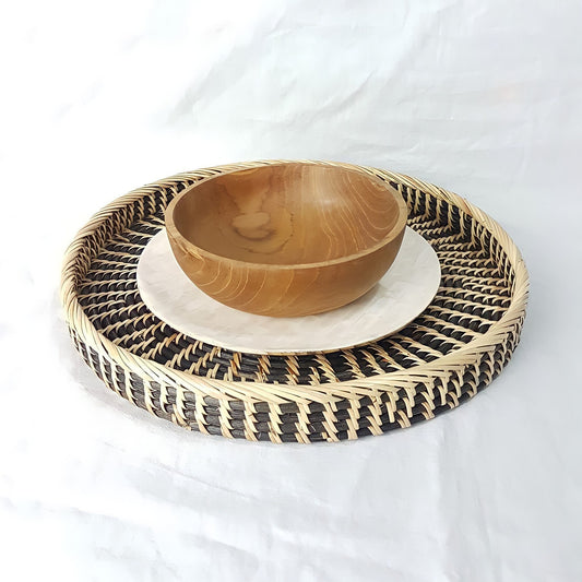 Handwoven Dual Tone Rattan Round Tray, Ottoman Tray, Coffee Table Tray, Round Boho Wicker Serving Tray for Table