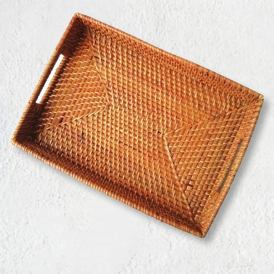 Woven Rattan Rectangular Serving Tray With Insert Handle | Natural Home Decor | Coffee Table Tray | Boho Tray for Table Decor