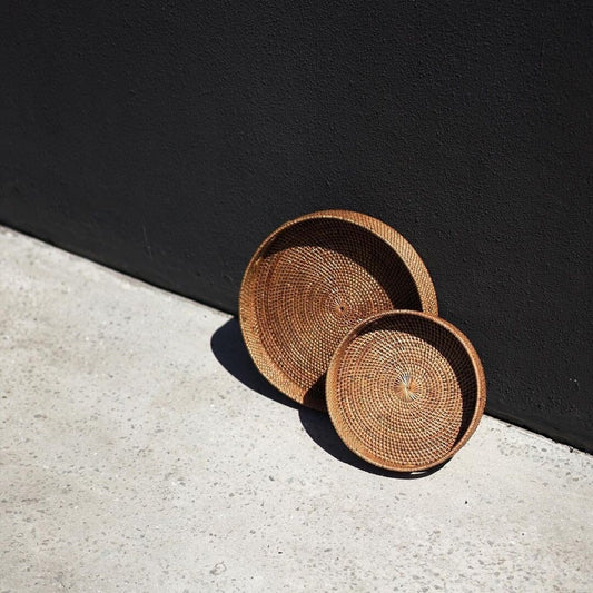 Handcrafted Dark Brown Round Rattan Tray With Handle, Coffee Table Tray, Wicker Boho Serving Tray For Table