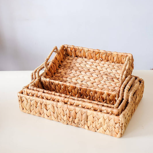 Woven Rectangular Water Hyacinth Tray With Iron Frame, Boho Tray for Table Decor, l Natural Home Decor, Straw Serving Tray