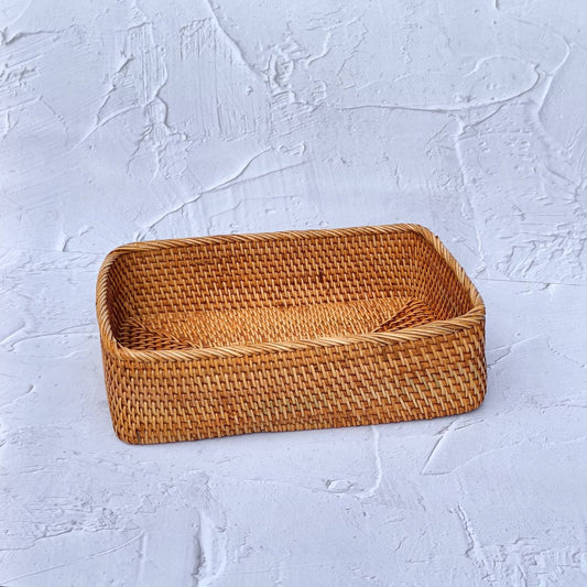 Handcrafted Rectangular Rattan Storage Box, Boho Straw Basket, Guest Towel Holder, Natural Home Decor