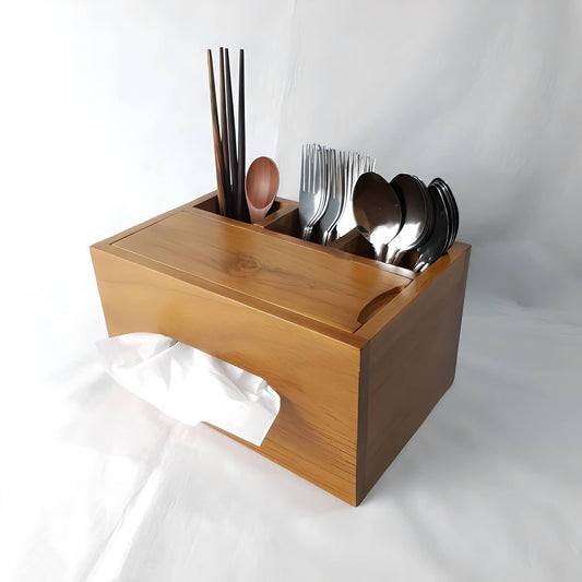 Handmade Vintage Style Wooden Tissue Box With Three Utensil Holders, Teak Wood Furniture, Hankie Box