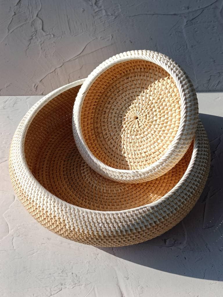 Handwoven Two Tone Round Rattan Bowl | Decorative Bowl | Fruit Basket | Round Boho Straw Serving Bowl for Table