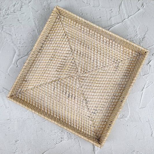 White Woven Rattan Square Tray, Straw Serving Tray, Decorative Boho Tray for Table Decor, Perfume Tray