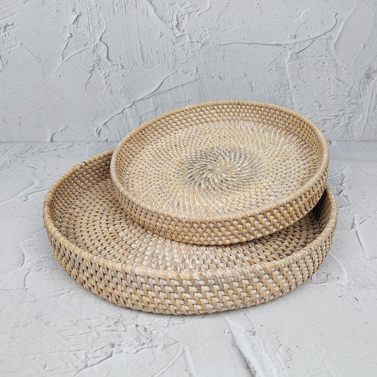 White Woven Round Rattan Tray, Coffee Table Tray, Round Boho Serving Tray for Table, Straw Serving Tray