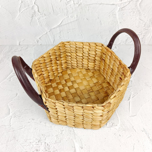 Handwoven Hexagonal Water Hyacinth Basket with Tall Synthetic Leather Handle, Decorative Tray