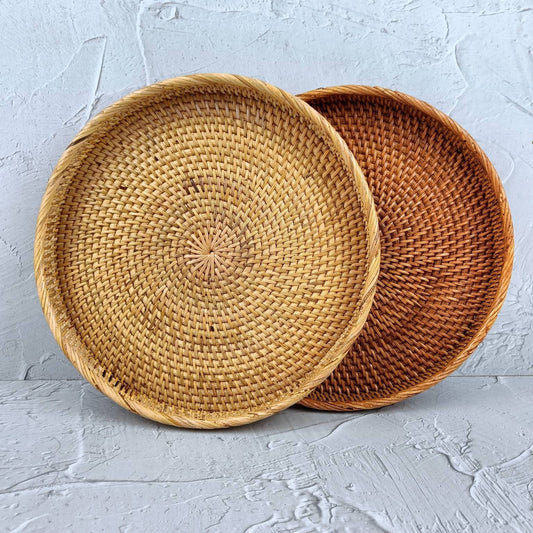 Woven Round Rattan Tray, Boho Tray, Small Round Basket, Wicker Decorative Tray